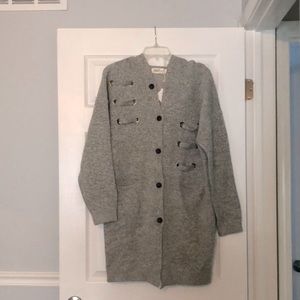 Long sleeve, long gray sweater. Snap front. Size L